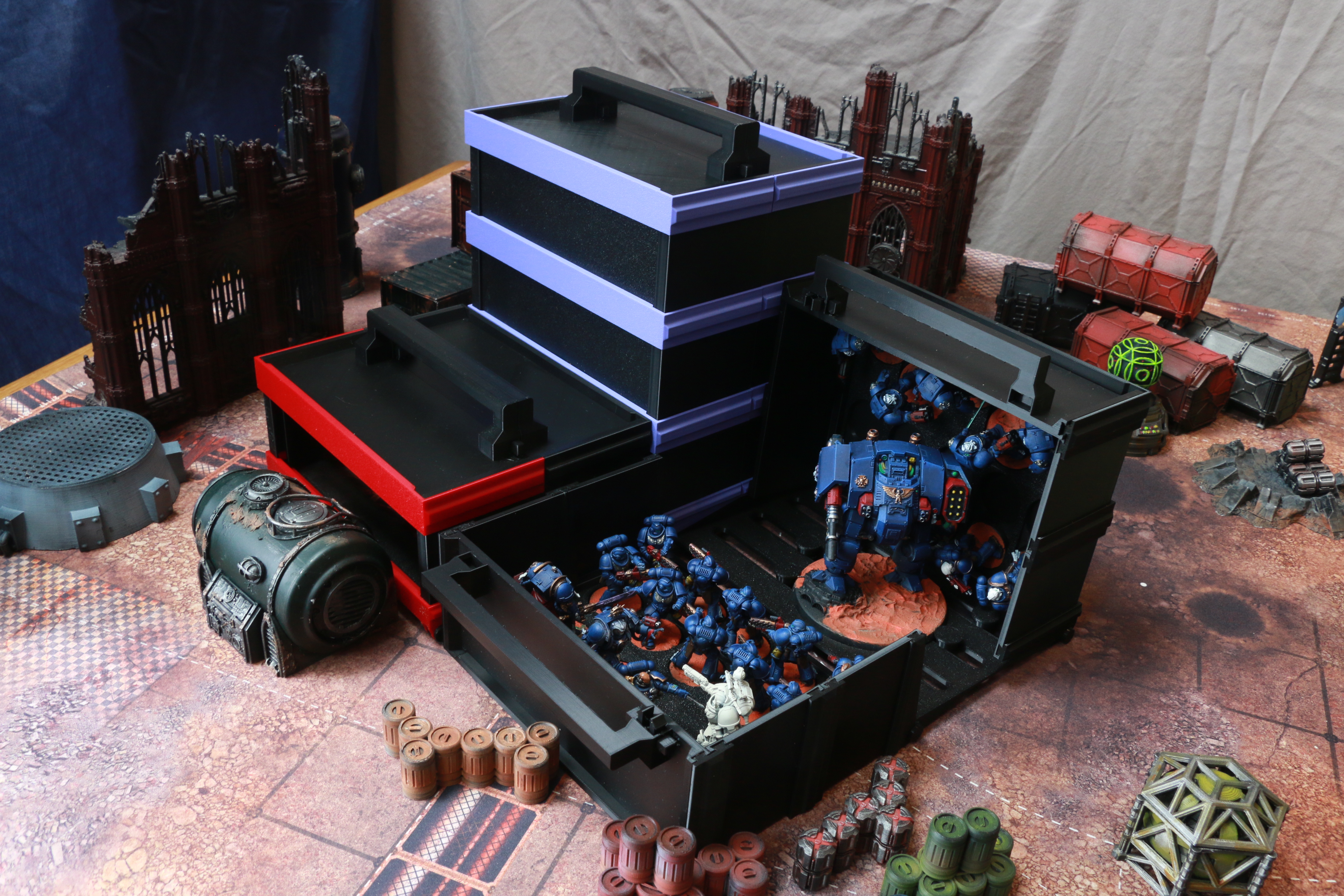 LayerSafe case open with Space Marines loaded into foam-free tray slots